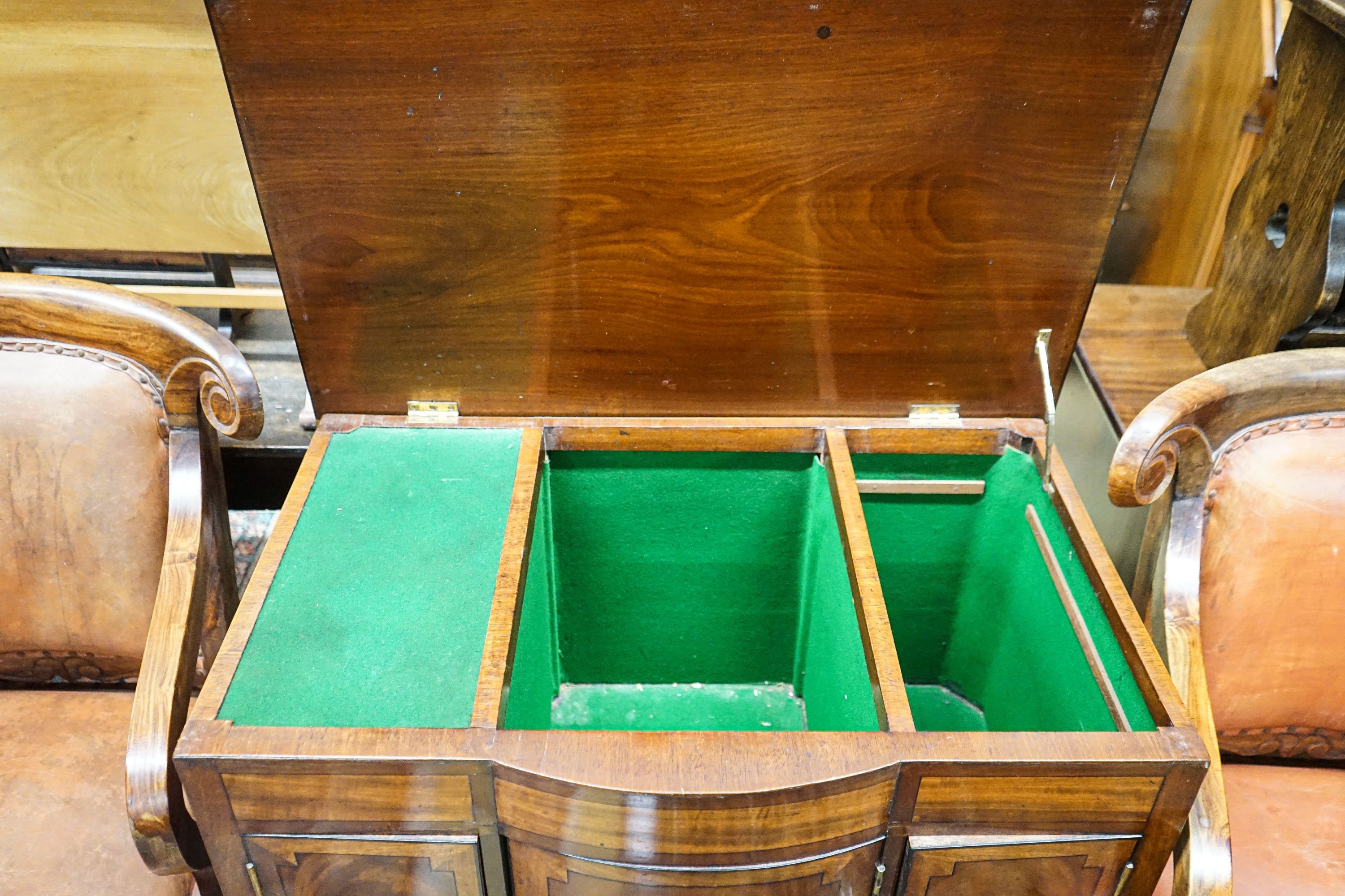 An Edwardian ebony strung mahogany bow front hinged top cabinet, width 77cm, depth 49cm, height 82cm